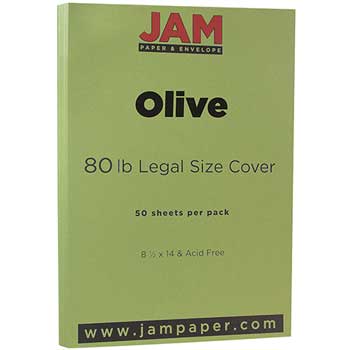 JAM Paper Cardstock, 80 lb, 8.5&quot; x 14&quot;, Olive, 50 Sheets/Pack