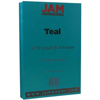 JAM Paper Colored Paper, 28 lb, 8.5&quot; x 14&quot;, Teal, Blue 50 Sheets/Pack