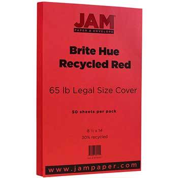 JAM Paper Cardstock, 65 lb, 8.5&quot; x 14&quot;, Brite Hue Red, 50 Sheets/Pack