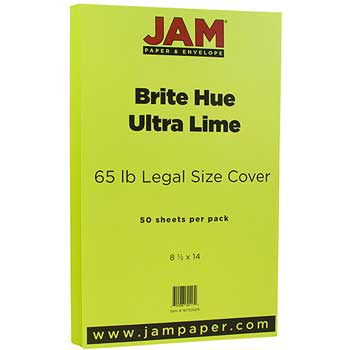 JAM Paper Cardstock, 8 1/2 x 14, 65lb, Brite Hue Ultra Lime Green, 50/PK