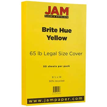 JAM Paper Cardstock, 65 lb, 8.5&quot; x 14&quot;, Brite Hue Yellow, 50 Sheets/Pack