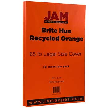 JAM Paper Cardstock, 8 1/2 x 14, 65lb, Recycled Brite Hue Orange, 50/PK