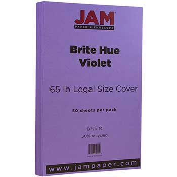JAM Paper Cardstock, 65 lb, 8.5&quot; x 14&quot;, Brite Hue Violet Purple, 50 Sheets/Pack