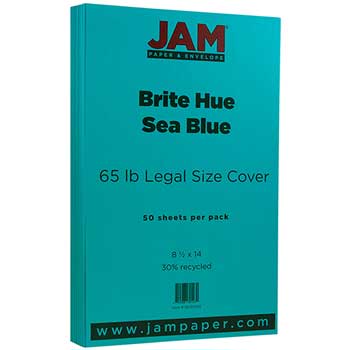 JAM Paper Cardstock, 65 lb, 8.5&quot; x 14&quot;, Brite Hue Sea Blue, 50 Sheets/Pack