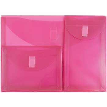 JAM Paper Plastic Multi Pocket Envelope with Hook &amp; Loop Closure, 3 Pockets, Letter Booklet, 9 3/4&quot; x 13&quot;, Pink