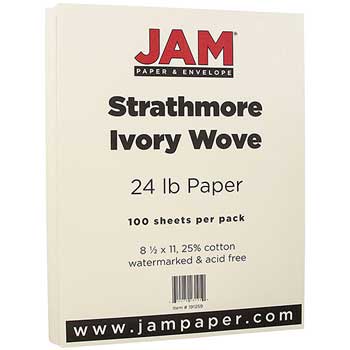 JAM Paper Strathmore Paper, Wove, 24 lb, 8.5&quot; x 11&quot;, Ivory, 100 Sheets/Pack