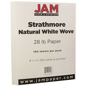 JAM Paper Strathmore Paper, Wove, 28 lb, 8.5&quot; x 11&quot;, Natural White, 100 Sheets/Pack
