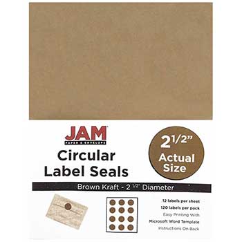 JAM Paper Circle Label Sticker Seals, 2 1/2&quot; Diameter, Brown Kraft, 120 Labels