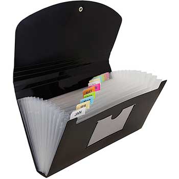 JAM Paper Plastic Accordion Folder, 13 Pocket Expanding File with Button &amp; Elastic String Closure, Check (5&quot; x 10 1/2&quot;), Black