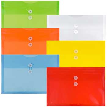 JAM Paper Plastic Envelopes with Button &amp; String Tie Closure, Legal Booklet, 9 3/4&quot; x 14 1/2&quot;, Assorted Primary Colors, 6/PK