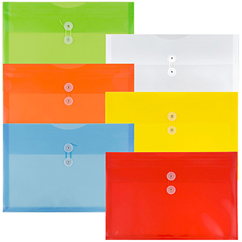 JAM Paper Plastic Envelopes with Button &amp; String Tie Closure, Legal Booklet, 9 3/4&quot; x 14 1/2&quot;, Assorted Primary Colors, 12/PK