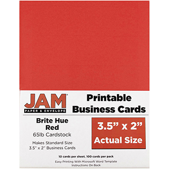 JAM Paper Printable Business Cards, 3.5&quot; x 2&quot;, Brite Hue Red, 10 Cards/Sheet, 10 Sheets/Pack