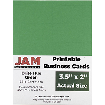 JAM Paper Printable Business Cards, 3.5&quot; x 2&quot;, Brite Hue Green, 10 Cards/Sheet, 10 Sheets/Pack
