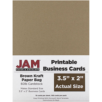 JAM Paper Printable Business Cards, 3 1/2&quot; x 2&quot;, Brown Kraft Paper Bag Recycled, 100/PK