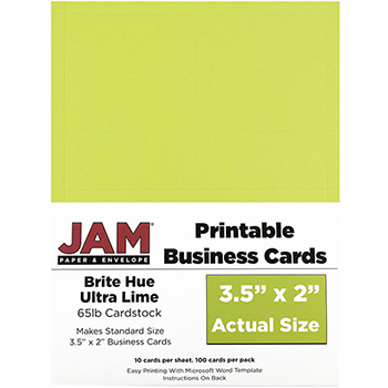 JAM Paper Printable Business Cards, 3.5&quot; x 2&quot;, Brite Hue Ultra Lime, 10 Cards/Sheet, 10 Sheets/Pack