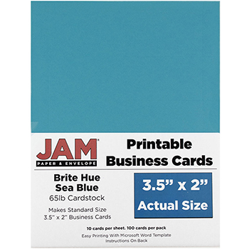 JAM Paper Printable Business Cards, 3 1/2&quot; x 2&quot;, Brite Hue Sea Blue, 100/PK