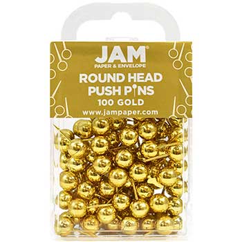 JAM Paper Colorful Round Head Pushpins, Gold, 100 per Pack, 2/BX