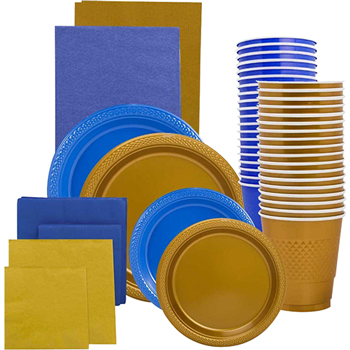 JAM Paper Party Supply Assortment, (Plates, Napkins, Cups, Tablecloths), Blue and Gold, 160 Pieces/Pack