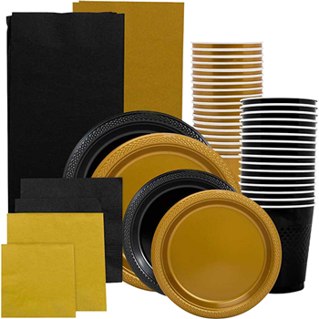 JAM Paper Party Supply Assortment - Black &amp; Gold Grad Pack - Plates (2 Sizes), Napkins (2 Sizes) , Cups &amp; Tablecloths - 12/pack