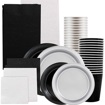 JAM Paper Party Supply Assortment, (Plates, Napkins, Cups, Tablecloths), Black and Silver, 160 Pieces/Pack