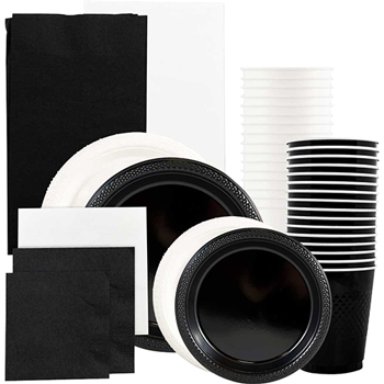 JAM Paper Party Supply Assortment, (Plates, Napkins, Cups, Tablecloths), Black and White, 160 Pieces/Pack