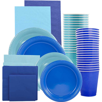JAM Paper Party Supply Assortment, (Plates, Napkins, Cups, Tablecloths), Blue and Sea Blue, 160 Pieces/Pack