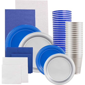 JAM Paper Party Supply Assortment, (Plates, Napkins, Cups, Tablecloths), Blue and Silver, 160 Pieces/Pack
