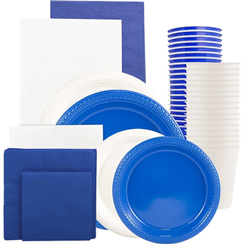 JAM Paper Party Supply Assortment, (Plates, Napkins, Cups, Tablecloths), Blue and White, 160 Pieces/Pack
