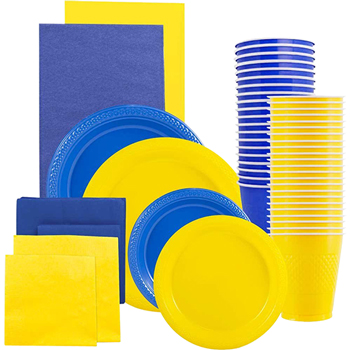 JAM Paper Party Supply Assortment, (Plates, Napkins, Cups, Tablecloths), Blue and Yellow, 160 Pieces/Pack