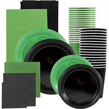 JAM Paper Party Supply Assortment, (Plates, Napkins, Cups, Tablecloths), Green and Black, 160 Pieces/Pack