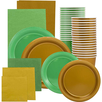 JAM Paper Party Supply Assortment - Green &amp; Gold Grad Pack - Plates (2 Sizes), Napkins (2 Sizes) , Cups &amp; Tablecloths - 12/pack