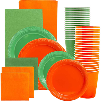 JAM Paper Party Supply Assortment, (Plates, Napkins, Cups, Tablecloths), Green and Orange, 160 Pieces/Pack