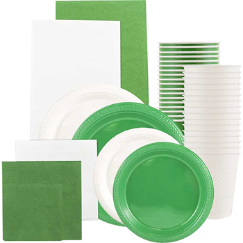 JAM Paper Party Supply Assortment, (Plates, Napkins, Cups, Tablecloths), Green and White, 160 Pieces/Pack