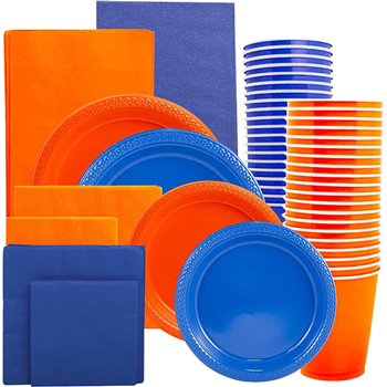 JAM Paper Party Supply Assortment, (Plates, Napkins, Cups, Tablecloths), Orange and Blue, 160 Pieces/Pack