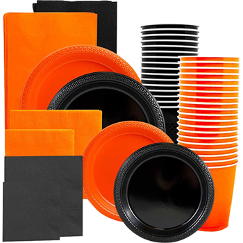 JAM Paper Party Supply Assortment, (Plates, Napkins, Cups, Tablecloths), Orange and Black, 160 Pieces/Pack