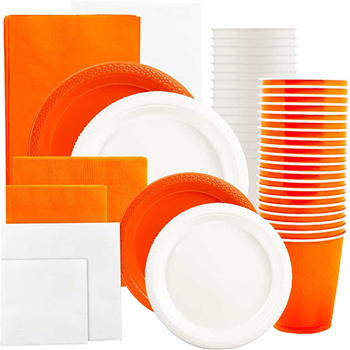 JAM Paper Party Supply Assortment, (Plates, Napkins, Cups, Tablecloths), Orange and White, 160 Pieces/Pack