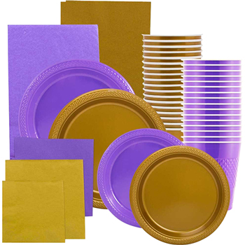 JAM Paper Party Supply Assortment - Purple &amp; Gold Grad Pack - Plates (2 Sizes), Napkins (2 Sizes) , Cups &amp; Tablecloths - 12/pack
