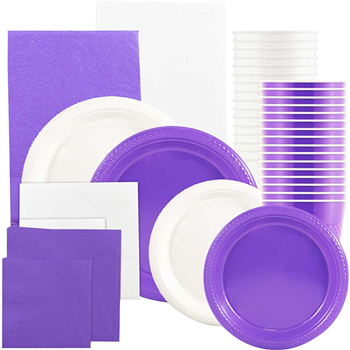 JAM Paper Party Supply Assortment, (Plates, Napkins, Cups, Tablecloths), Purple and White, 160 Pieces/Pack