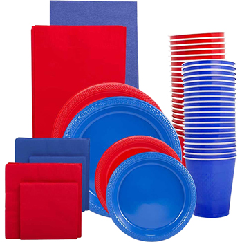 JAM Paper Party Supply Assortment, (Plates, Napkins, Cups, Tablecloths), Red and Blue, 160 Pieces/Pack