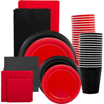 JAM Paper Party Supply Assortment, (Plates, Napkins, Cups, Tablecloths), Red and Black, 160 Pieces/Pack