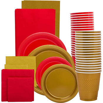 JAM Paper Party Supply Assortment, (Plates, Napkins, Cups, Tablecloths), Red and Gold, 160 Pieces/Pack
