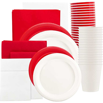 JAM Paper Party Supply Assortment, (Plates, Napkins, Cups, Tablecloths), Red and White, 160 Pieces/Pack