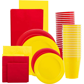 JAM Paper Party Supply Assortment, (Plates, Napkins, Cups, Tablecoths), Red and Yellow, 160 Pieces/Pack