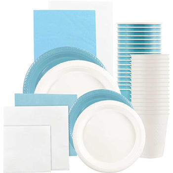 JAM Paper Party Supply Assortment, (Plates, Napkins, Cups, Tablecloths), Sea Blue and White, 160 Pieces/Pack