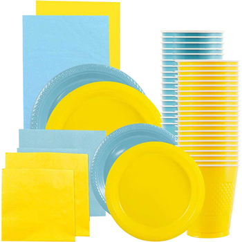 JAM Paper Party Supply Assortment, (Plates, Napkins, Cups, Tablecloths), Sea Blue and Yellow, 160 Pieces/Pack