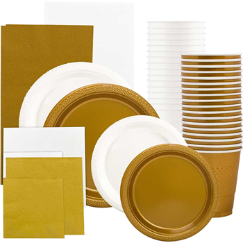 JAM Paper Party Supply Assortment, (Plates, Napkins, Cups, Tablecloths), White and Gold, 160 Pieces/Pack