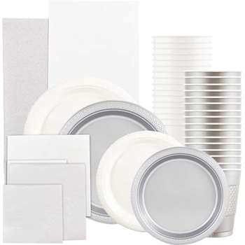 JAM Paper Party Supply Assortment, (Plates, Napkins, Cups, Tablecloths), White and Silver, 160 Pieces/Pack