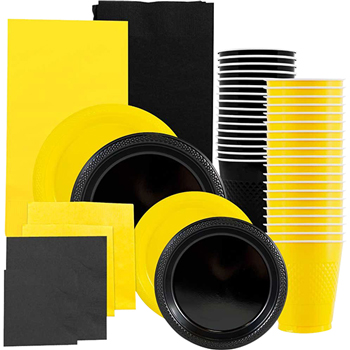JAM Paper Party Supply Assortment, (Plates, Napkins, Cups, Tablecloths), Black and Yellow, 160 Pieces/Pack