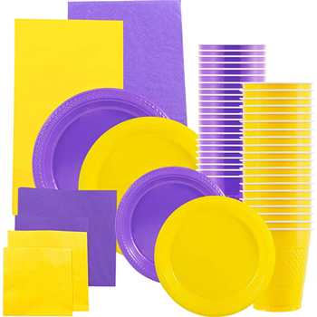 JAM Paper Party Supply Assortment, (Plates, Napkins, Cups, Tablecloths), Yellow and Purple, 160 Pieces/Pack