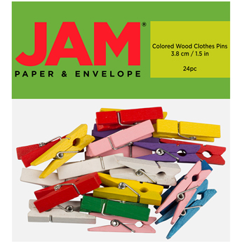 JAM Paper Wood Clip Clothespins, Large, 1 1/2&quot;, Assorted Colors, 24/PK